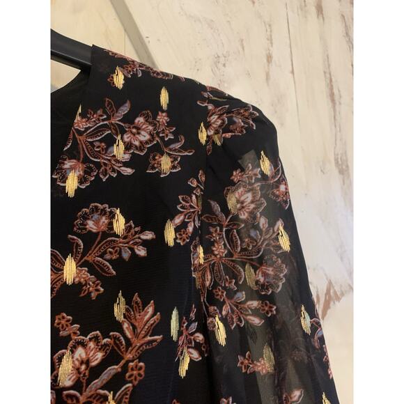 Aqua Floral Metallic Gold Print V-Neck Cocktail Party Mini Dress Long Sleeves XS - Picture 8 of 16